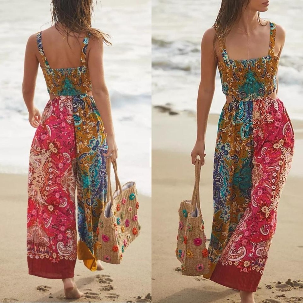 Anthropologie Multicoloured Print Patchwork Jumpsuit Flowy Pants Summer Cami